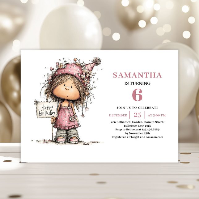 Lekfull 6-års inbjudan flicka rosa design (Whimsical 6th Birthday Invite Girl Pink Design)