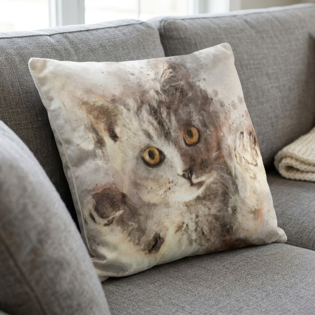 Lekfull akvarellkattunge med ljusa bärnstensfärgad kudde (Playful Watercolor Kitten with Bright Amber Eyes. Throw Pillow)