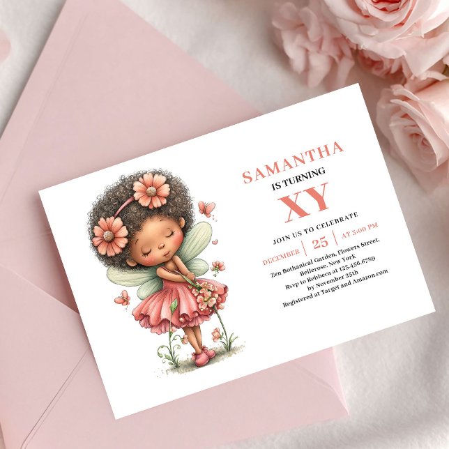 Lekfull älvflicka födelsedag rosa blommig inbjudan (Playful Fairy Girl Birthday Pink Floral invitation)