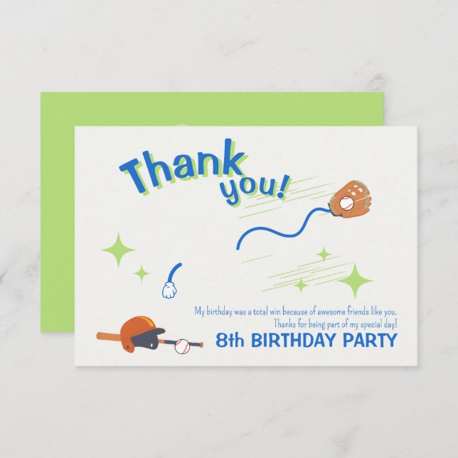 Lekfull baseball födelsedagstema för barn tack kort (Fram/baksida)