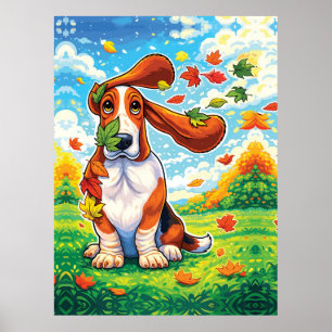 Lekfull Basset Hound Höst Löv Tecknad Film Poster