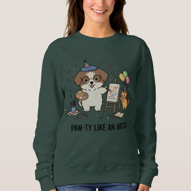Lekfull Beagle Målare Hund med Ginger Katt Konst T Shirt (Framsida)