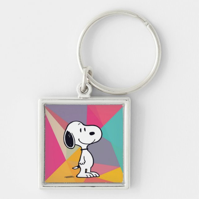 Lekfull Beagle Serieteckning Geometrisk Popkonst Fyrkantig Silverfärgad Nyckelring (Framsidan)