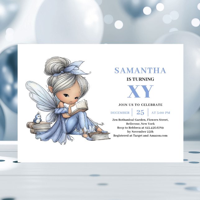 Lekfull Blå Älva Flicka 5-års Födelsedagsinbjudan  Inbjudningar (Whimsical Blue Fairy Girl 5th Birthday Cute invitation)