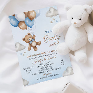 Lekfull blå brun björn molnig himmel baby shower inbjudningar