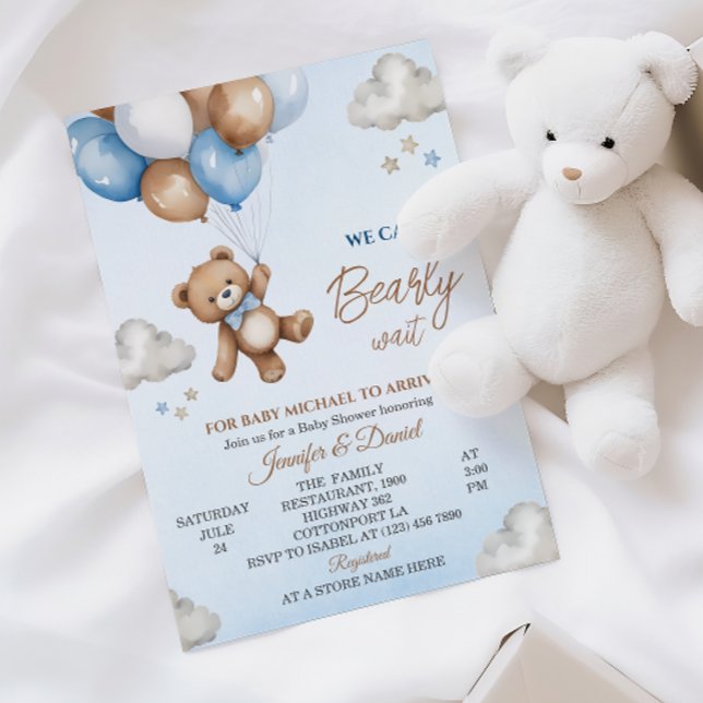 Lekfull blå brun björn molnig himmel baby shower inbjudningar (Skapare uppladdad)