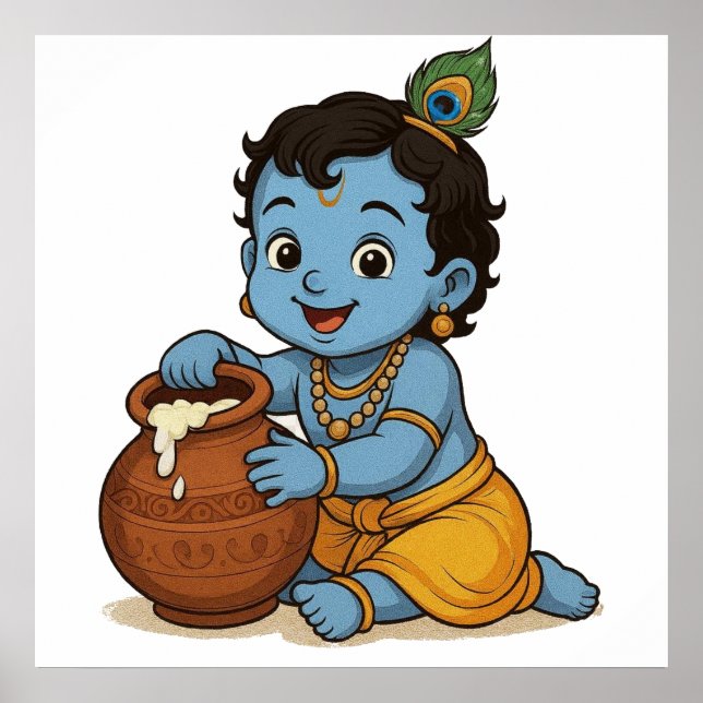 Lekfull blå gul spädbarn Krishna konst design Poster (Framsidan)