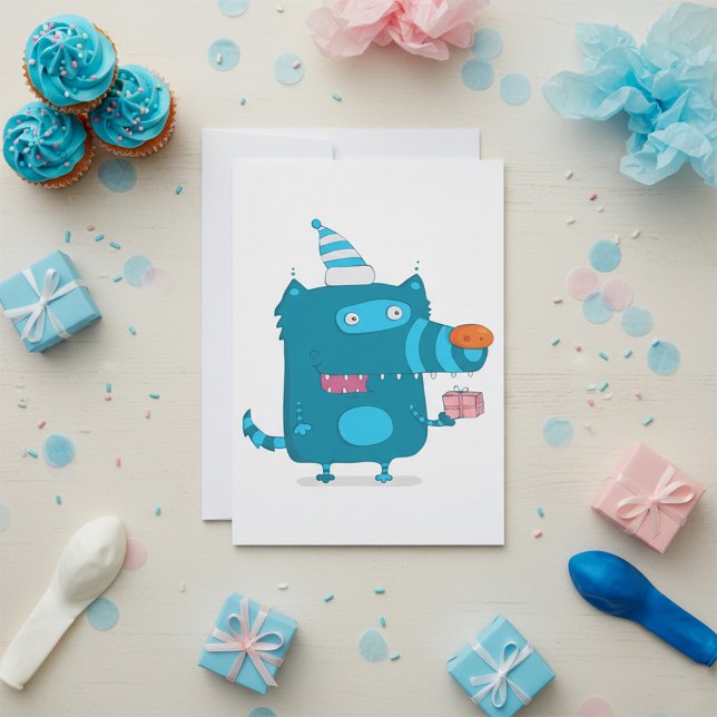 Lekfull blå seriefigur-monster med festhatt inbjudningar (Skapare uppladdad)