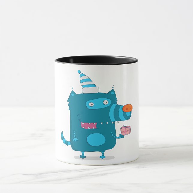 Lekfull blå seriefigur-monster med festhatt mugg (Skapare uppladdad)