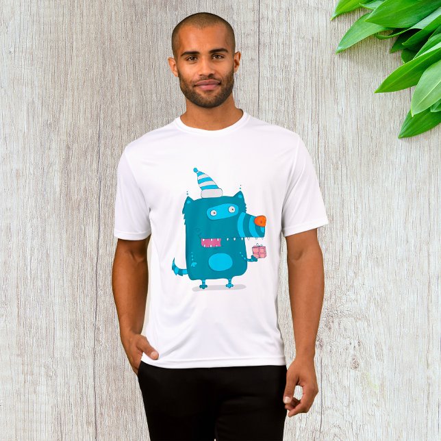 Lekfull blå seriefigur-monster med festhatt t shirt (Skapare uppladdad)