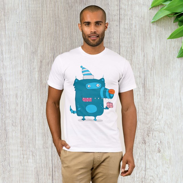 Lekfull blå seriefigur-monster med festhatt t shirt (Skapare uppladdad)