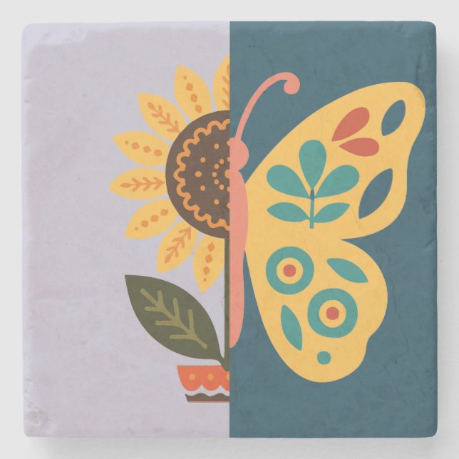 Lekfull blom- och fjärilsdesign  stenunderlägg (Framsidan)