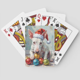 Lekfull Bull Terrier Hund Bevakar Jul Casinokort