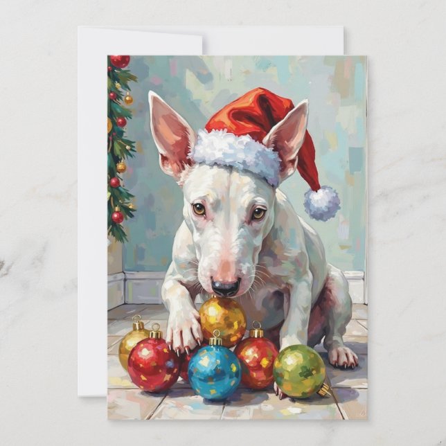 Lekfull Bull Terrier Hund Vaktar Jul Julkort (Framsida)