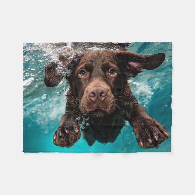 Lekfull chokladfärgad labrador som simmar under va fleecefilt (Framsidan (Horisontell))