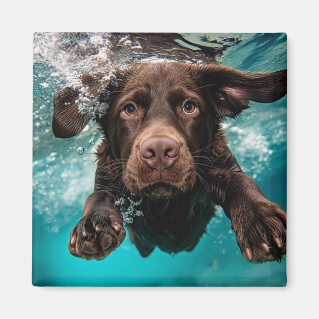 Lekfull chokladfärgad labrador som simmar under va magnet (Framsidan)
