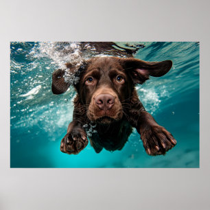 Lekfull chokladfärgad labrador som simmar under va poster