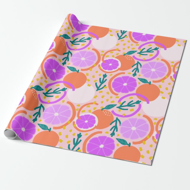 Lekfull Citrusfrukt & Konfettirosa Citronläsk Presentpapper (Utrullad)