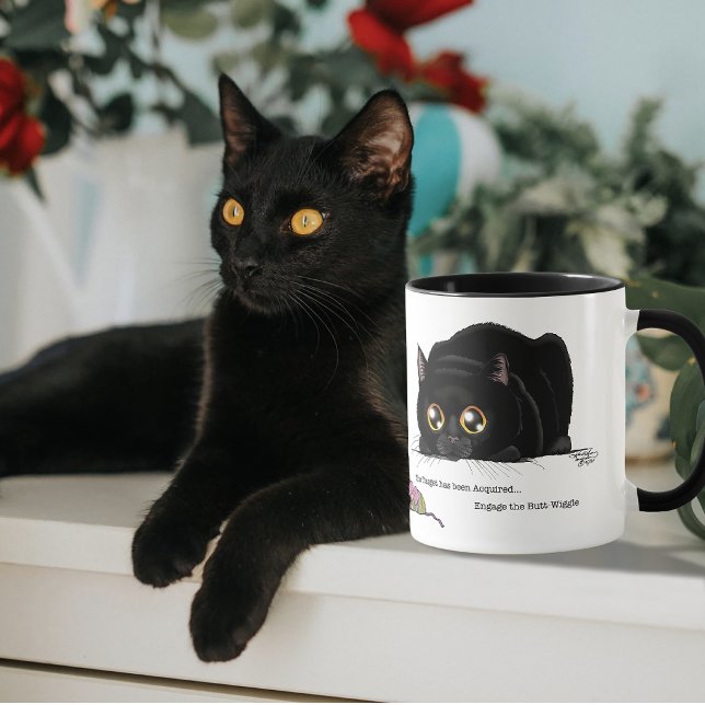 Lekfull Crème Kittingstjärt Vigglar Svart Katt Mugg (Skapare uppladdad)