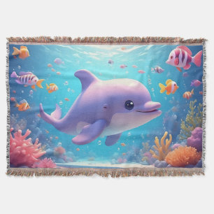 Lekfull delfin bland färgglada tropiska fiskar filt