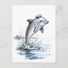 Lekfull delfin hoppar högt i marin bläckillustrati vykort