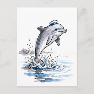 Lekfull delfin hoppar högt i marin bläckillustrati vykort