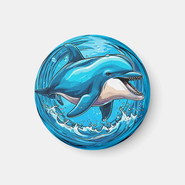 Lekfull delfin hoppar i vattensprut magnet (Framsidan)