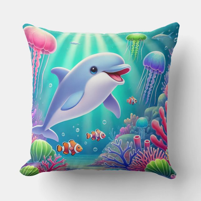 🐬 Lekfull delfin Livlig korallrev Paradis 🌊✨ Kudde (Framsida)