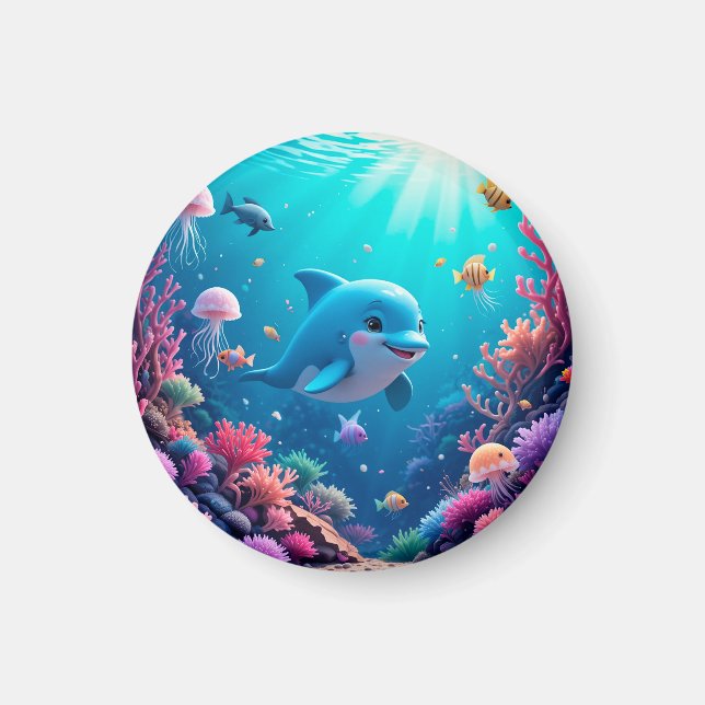 Lekfull delfin och färgrikt marint liv magnet (Framsidan)