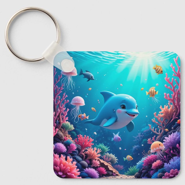 Lekfull delfin och färgrikt marint liv nyckelring (Framsida)