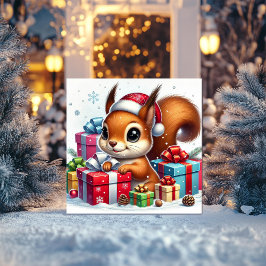 Lekfull ekorre bland julklappar julkort