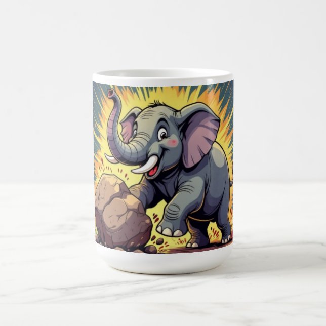 Lekfull elefant som puttar på en sten – rolig teck kaffemugg (Center)