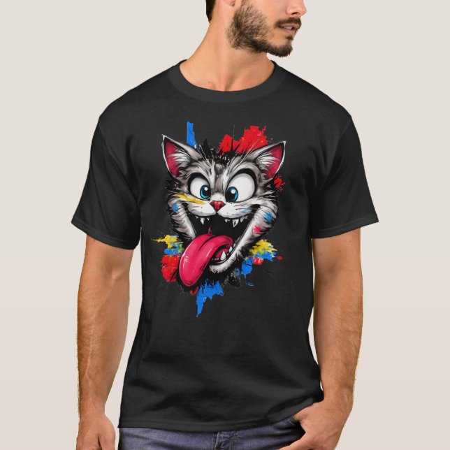 Lekfull Färgrik Katt Ansikte T-Shirt (Framsida)
