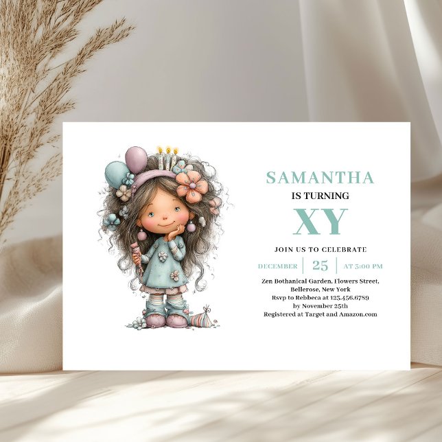 Lekfull flicka 6-års födelsedagsinbjudan i pastell inbjudningar (Whimsical Girl 6th Birthday Pastel Green invitation)