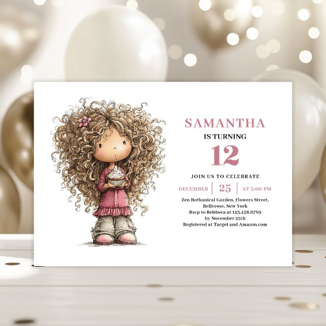 Lekfull födelsedagsinbjudan flicka rosa digital inbjudningar (Whimsical Birthday Invitation Girl Pink Digital Download)