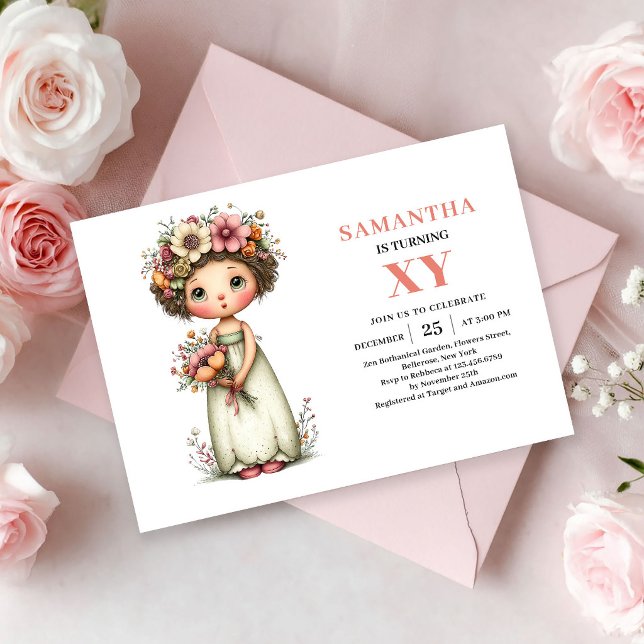 Lekfull födelsedagsinbjudan för sagoprinsessa med  inbjudningar (Whimsical Fairy Girl Birthday Pastel Floral invitation)