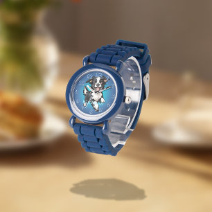 Lekfull Glad Svart Collie på Blått Armbandsur
