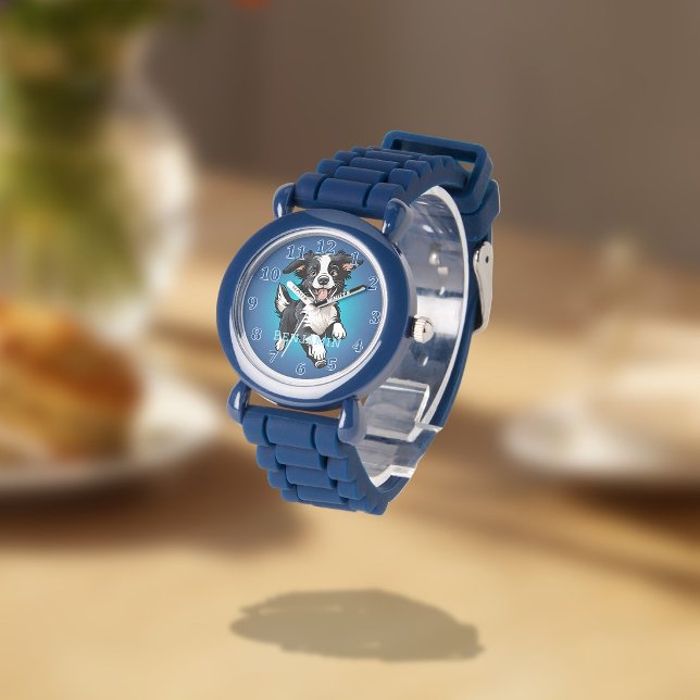 Lekfull Glad Svart Collie på Blått Armbandsur (Skapare uppladdad)