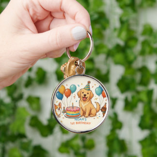 Lekfull Golden Retriever Valp Födelsedag Rund Silverfärgad Nyckelring