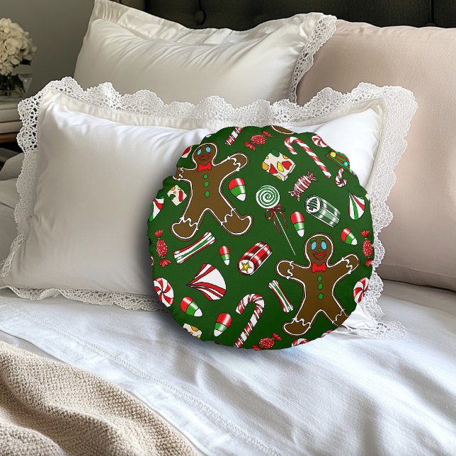 Lekfull grön festlig ingefärsgingkakor godispåse rund kudde (Skapare uppladdad)