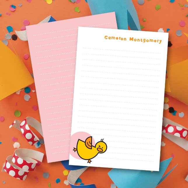 Lekfull gul bebisand rosa prick barn tackkort brevpapper (Playful Yellow Baby Duck And Pink Dot Kid's Thank You Lined Stationery Paper @ fatfatin_mini_me)