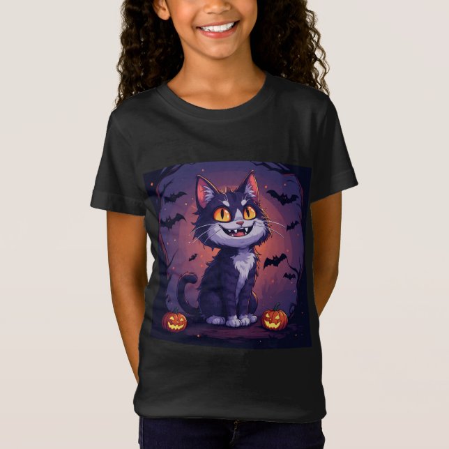 Lekfull Halloween-katt med pumpor och fladdermöss  T Shirt (Framsida)