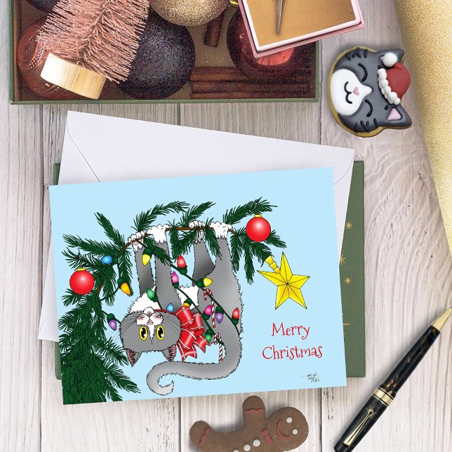 Lekfull hängande julgran Grå katt Kort (Skapare uppladdad)