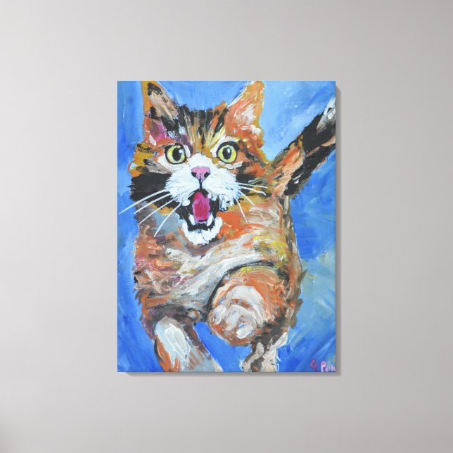 Lekfull hoppande katt med calicofärg canvastryck (Framsida)
