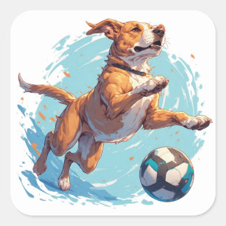 Lekfull hund som sparkar fotboll med energisk uttr fyrkantigt klistermärke