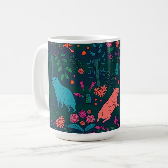 Lekfull Kapybar i Skogen – Tropiskt Sömlöst Mönste Kaffemugg (Framsida vänster)