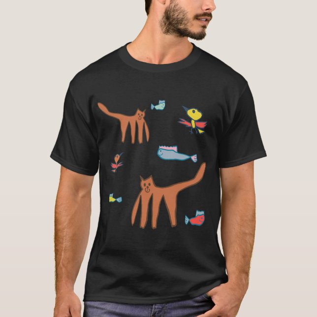 Lekfull katt & fisk mönster t shirt (Framsida)
