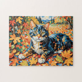 Lekfull katt i höstlöv pussel