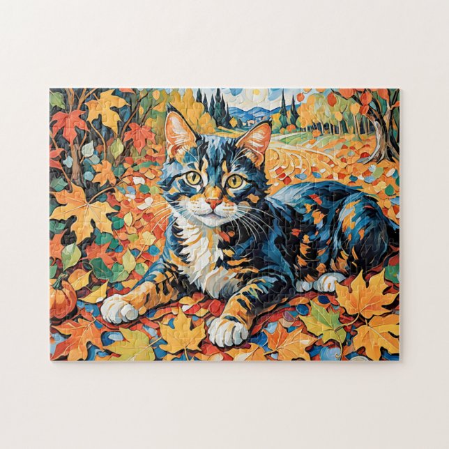 Lekfull katt i höstlöv pussel (Horisontell)
