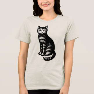Lekfull katt i träsnittsstil t shirt